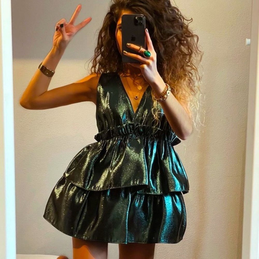 Zara Metallic Green Tiered Mini Dress